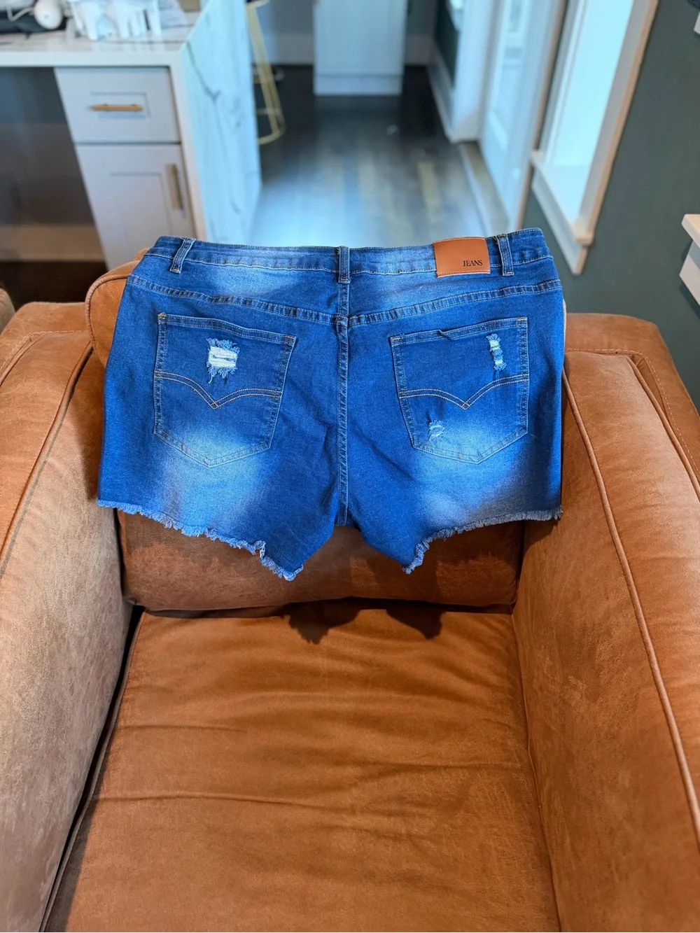 Denim Distressed High-Rise Women's Shorts - Blue - XL
